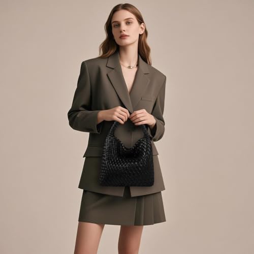 Woven Purses Bag for Women, Vegan Leather Handwoven Bags with Mini Handmade Purse - color: Black