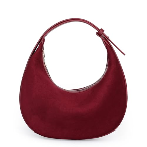 Herald Suede Crossbody Bag for Women, Vintage Hobo Handbag Crescent Shoulder Purses with Adjustable Strap Winter Fall - color: Red