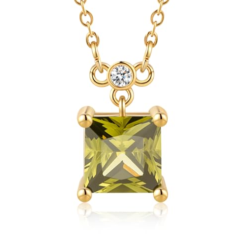 18K Gold-Plated Non Tarnish Birthstone Necklace for Women, 5A Princess Cut Cubic Zirconia Pendant, Birthday Anniversary Valentine's Gift, 18-20 Inches - color: 8-Aug-Olive Green