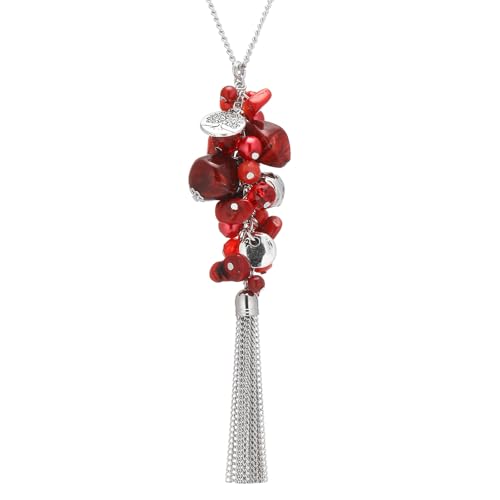Noessla Boho Long Pendant Necklaces for Women Silver Tassel Long Necklace Sweater Chain Mothers Day Gifts Silver Costume Jewelry for Women - color: Red
