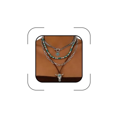 GIGB PBDK Boho Western Necklaces for Women,Turquoise Beaded Layered Necklaces Vintage Cow Cactus Pendant Choker Necklace Set,Cowgirl Jewelry Accessories Gifts - style: A2