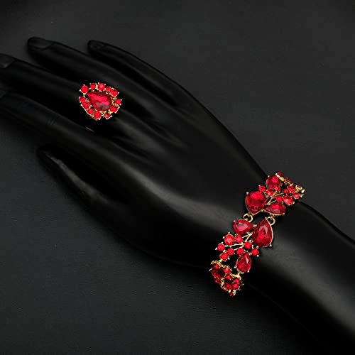 CSY 4 Pcs/Set Austrian Crystal Necklace Earrings Bracelet Ring Bridal Jewelry Sets for Brides Wedding Party Costume Accessories Gifts for Women - color: 02-gold plated-red
