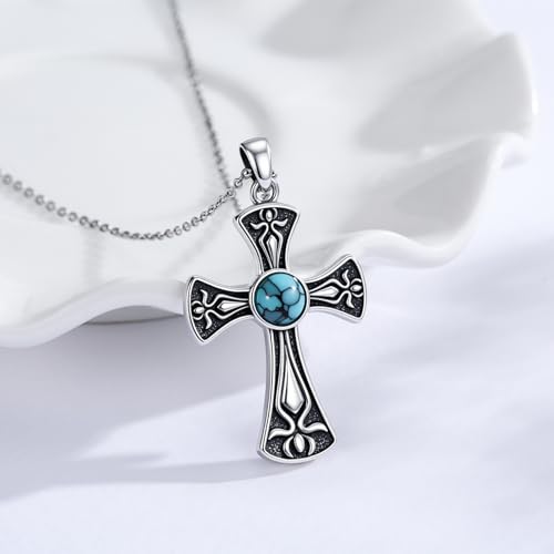 Cross Necklace 925 Sterling Silver Turquoise Christian Pendant Religious Cross Jewelry Christmas Gifts for Women Men - style: Retro