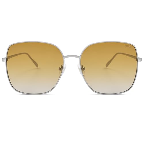 SOJOS Trendy Oversized Square Metal Frame Sunglasses for Women Men Retro Big Flat Lens UV Protection Sunglasses SJ1146 - color: Light Gun/Gradient Yellowish-brown