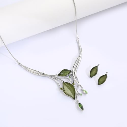 Vintage Chunky Statement Jewelry Set Retro Leaf Floral Geometric Bohemian Boho Bib Necklace Earring Set Fashion Costume Jewelry for Women Girls Wedding Party Prom Unique Gift - style: 2 leaves marquise crystal JS silver green