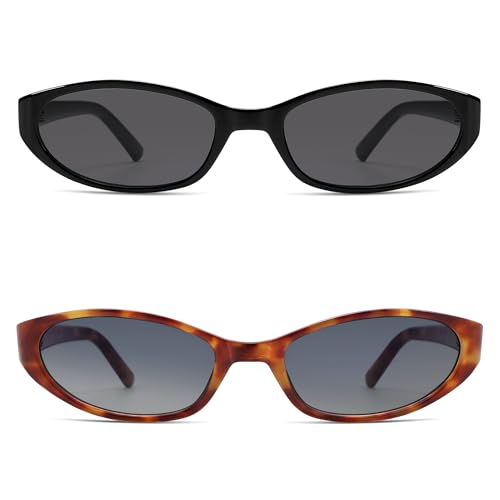 Retro Oval Sunglasses for Women Men Y2k Narrow Cat Eye Sunnies Skinny Shades AR82299 - color: 04. Black/Grey+tortoise/Blue Grading