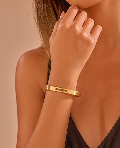 BE & CHEERY Gold Bangle Bracelet for Women, 14k Gold Plated Open Bangle, Stackable Stainless Steel Cuff Bracelets, Chunky Fashion Jewelry for Women, Trendy Elegant Design Bangle as Gifts - style: Short cut out
