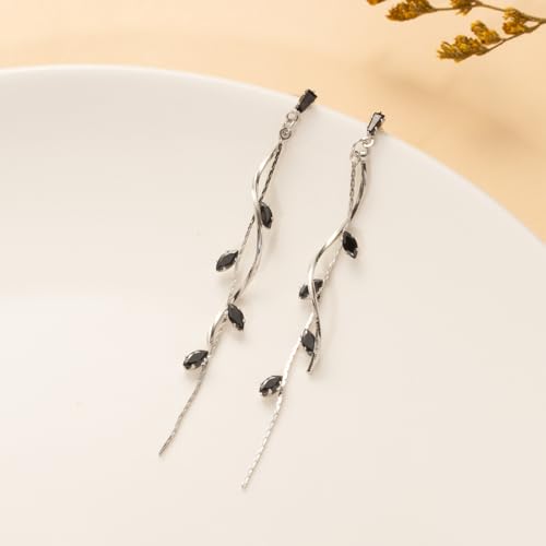 Temperament Long Zircon Tassel Earrings for Women Charm Jewelry Sparkling Crystal Leaves Twist Dangle Earrings for Friends - color: Silver-Black Leaves