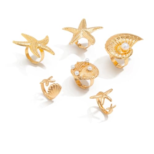 MIFYNN Chunky Gold Starfish Seashel Ring for Women Dainty Conch Pearl Ring Set Boho Ocean Stackable Rings Fashion Adjustable Beach Statement Rings Set Summer Charm Jewelry for Women - color: Gold-6Pcs