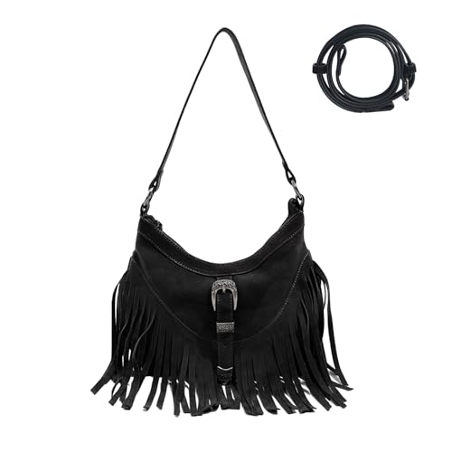 Fringe Hobo Purse for Women,Western Small Fringed Shoulder Bag Vegan Suede Hippie Crossbody Bag with Tassel - color: Black