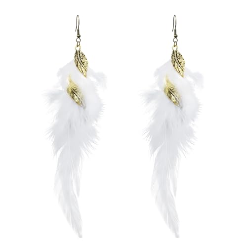 Feather Earrings for Women Bohemian Fringe Tassel Long Drop Dangle Earrings Lightweight Boho Statement earrings - color: white