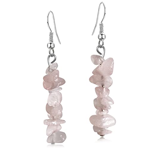 Handmade Bohemian Vintage Silver Nature Stone Beads Long Dangle Drop Earrings for Women - color: Pink
