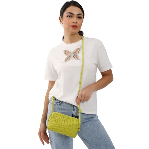 Woven Crossbody Bags for Women Handwoven Purses Vegan Leather Small Handbag Handmade Shoulderbag | Lightweight - color: Light Green