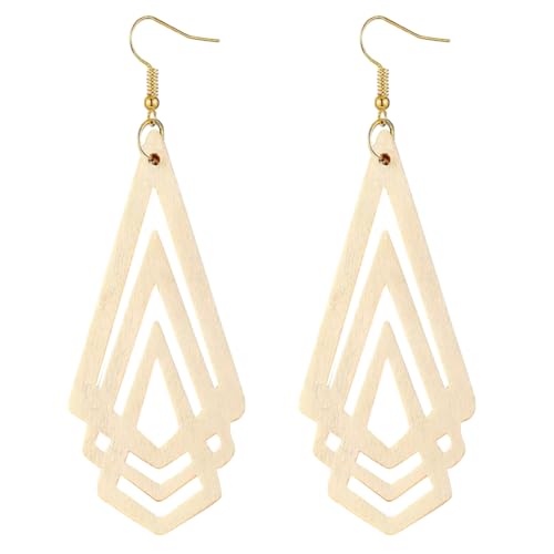 Handmade Wood Triangle Rhombus Hollow Geometric Dangle Drop Earrings Unique Presonalized Retro Gold Hook Earrings For Women - style: White