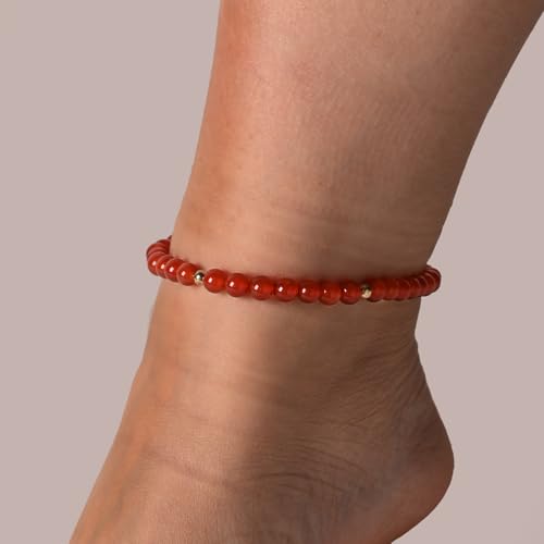 Softones 6mm Natural Stone Anklet for Women Gemstone Ankle Bracelets for Women Healing Energy Crystal Anklets Adjustable(8.5-10 Inches) - color: Red agate