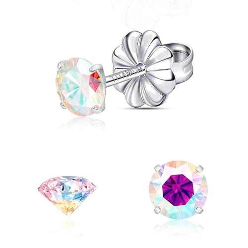 Moissanite Stud Earrings, G23 Hypoallergenic Titanium Stud Earrings for Women Men, Round Cut D Color VVS1 Clarity 18K White Gold Palted Multicolor Moissanite Jewelry, 0.6CT-3.0CT - color: Aurora Borealis, size: (0.3ct*2)-4mm-0.6 Carat