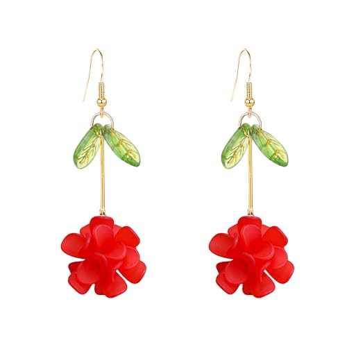 Resin Flower Cluster Ball Dangle Drop Earrings for Women Spring Summer Bohemian Floral Petal with Green Leaf Earrings Vacation Party Jewelry - color: Red