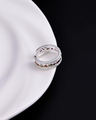 Silver Filigree Colourful Cubic Zirconia Rings for Women Unique Vintage Rainbow Stone Rings Gifts for Girlfriend