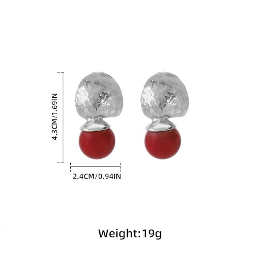 Red Ball Dangle Earrings for Women Boho Hammered Round Circle Bead Statement Charms Drop Earrings Fashion Christmas Holiday Festival Dress Accessories Jewelry Gifts - color: Silver