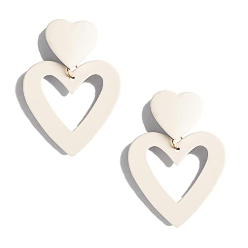 Double Heart Earrings Dangling Heart Drop Earrings For Women Love Heart Dangle Earrings Birthday Gift - color: Off White