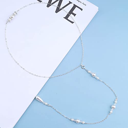 Boho Pearl Back Chain Necklace Silver Pearl Crystal Backdrop Necklace Body Chain Long Bridal Back Drop Chain Summer Beach Body Jewelry for Women