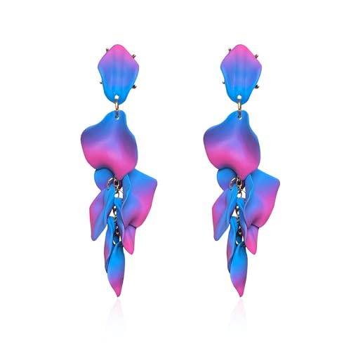 Long Acrylic Rose Petal Earrings Dangle Exaggerated Flower Earrings Drop Statement Floral Tassel Earrings for Women - color: Hot Pink + Blue
