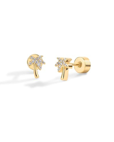 PAVOI 14K Gold Plated Dainty Flat Back Earrings for Women - Hypoallergenic Sterling Silver Posts Helix Cartilage Piercing Jewelry - Emoji Motif Bow Celestial Flatback Gold Stud Earrings Screw Back - style: Palm Tree