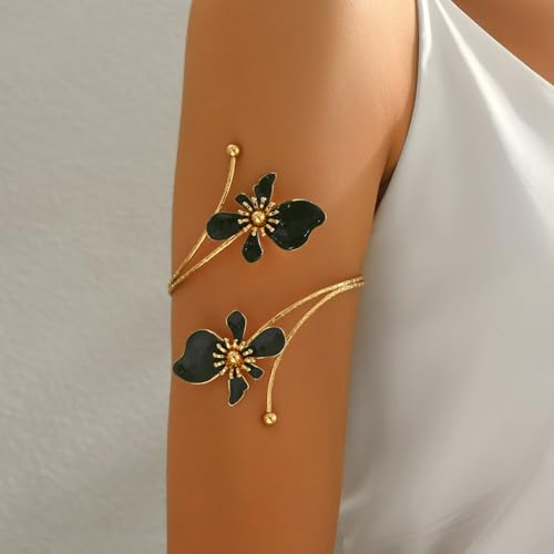 Flower Arm Cuff Bracelets for Women Adjustable Gold Upper ArmBand Jewelry Boho Floral Open Wrap Statement Bangle Bracelet Arm Cuff Jewelry Gifts for Women - color: Black