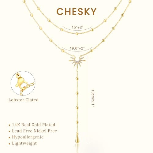 CHESKY Long Necklaces for Women, 14k Gold Plated/Streling Silver Lariat Necklace Dainty Statement Prom Necklace Rosary Cross Sun Drop Pendant Dangle Necklace Gold Prom Jewelry for Women Gifts - style: y necklace 13