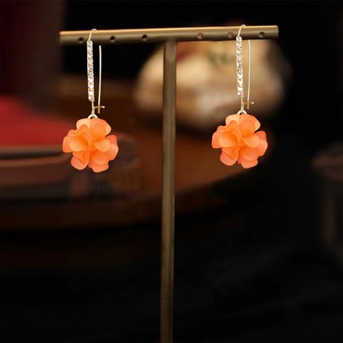 Boho Flower Dangle Earrings for Women Long Drop Resin Acrylic Tiered Petal Statement Earrings Handmade Lightweight Vintage Floral Chunky Drop Jewelry - color: Orange