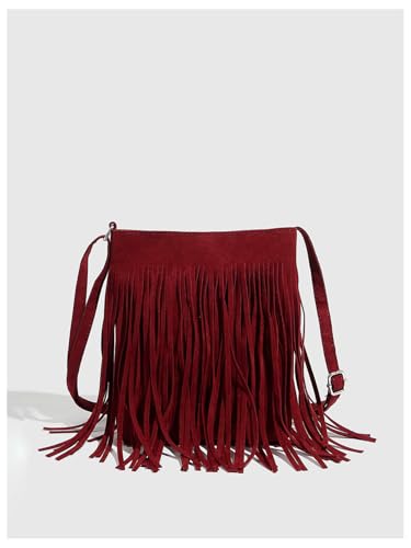 OYOANGLE Women's Fringe Bags Adjustable Strap Tassel Crossbody Bags Hippie Western Purse Cowgirl Shoulder Bag - color: Burgundy