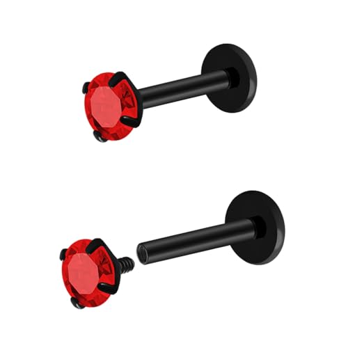 16G 18G Titanium Internal Thread CZ Stud Earrings Flat Back, Silver Black Tragus Helix Conch Cartilage Piercing Jewelry for Women Men 6mm 8mm 10mm Labret Studs 2PCS - color: Black, 16g, 7mm bar, 4mm Red CZ