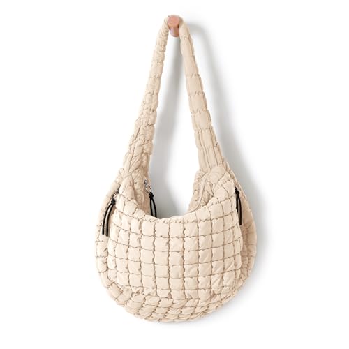 ODODOS Quilted Carryall Tote Bag for Women Crossbody Hobo Lightweight Padding Shoulder Bag - color: Ivory