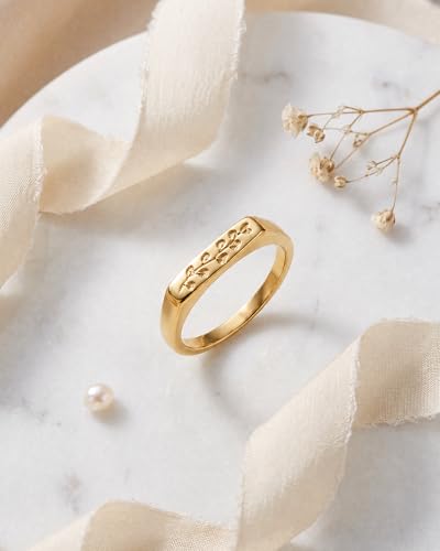 YeGieonr 14K Gold Plated Signet Rings for Women Non Tarnish 925 Sterling Silver Dainty Stackable Gold Ring, Waterproof Engraved Flower Thin Band Unique Everyday Jewelry Gift - color: 14K Gold Plated