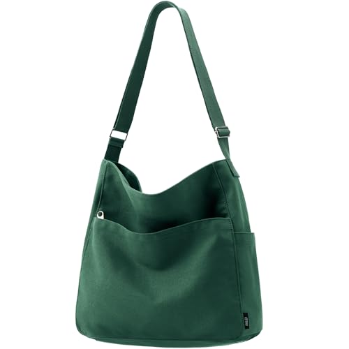 KALIDI Canvas Tote Bag Large Hobo Crossbody Shoulder Handbag Zipper Messenger Bag for Women or Men Casual College Work - color: Alpine Green