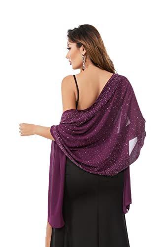 Shawls and Wraps for Evening Dresses Sheer Chiffon Women Elegant Soft Silky Sparkly Wedding Bridal Scarf - color: Plum C