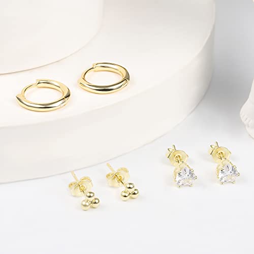 BOUTIQUELOVIN 14K Gold Stud Earrings Set for Women, for Multiple Piercing Silver Plated Studs Earrings and Zirconia Earring Set Small Huggie Hoop Chain Earing - color: 6Pairs Gold A