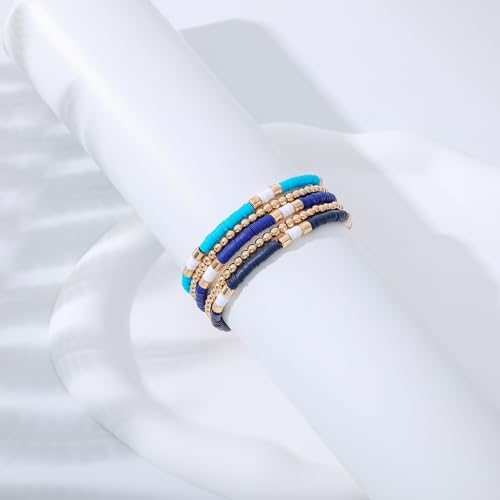 GOOJIDS Surfer Heishi Clay Bead Bracelets for Women Bohemian Stackable Gold Plated Beaded Stretch Bracelets Elastic Layering Friendship Bracelets Set Boho Jewelry - color: B-Blue Surfer Color & Gold Bead