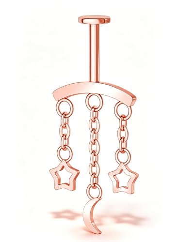 Crescent Moon Star Chain Vertical Hidden Helix Stud Earrings Dangle 316L Stainless Steel Flat Back Threadless Push-Pin Cartilage Rook Piercing Jewelry - color: ROSE GOLD