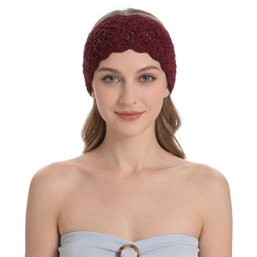 ZLYC Women Floral Headband Handmade Crochet Knit Vintage Hair Bands (Plain Burgundy) - color: Plain Burgundy