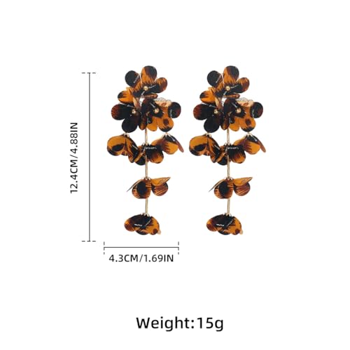 Boho Leopard Print Floral Earring Long Multi Layered Tassel Flower Earrings Fabric Flower Statement Earring Fashion Jewelry Accessories for Women - color: Brown