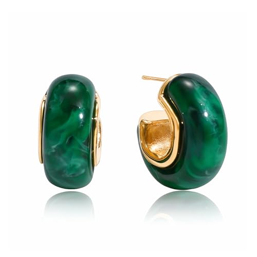 Fullpop Vintage Earrings for Women, Chunky 14K Gold Plated Resin Hoop Earrings Lightweight Hollow Drop Earrings Hypoallergenic Earrings for Women Vintage Anthropologie Jewelry Gifts for Women - size: Round-Green