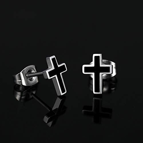 REVEMCN 925 Sterling Silver and Stainless Steel Cross Stud Earrings for Women Men, 3 Pairs - color: Black Stud Earrings