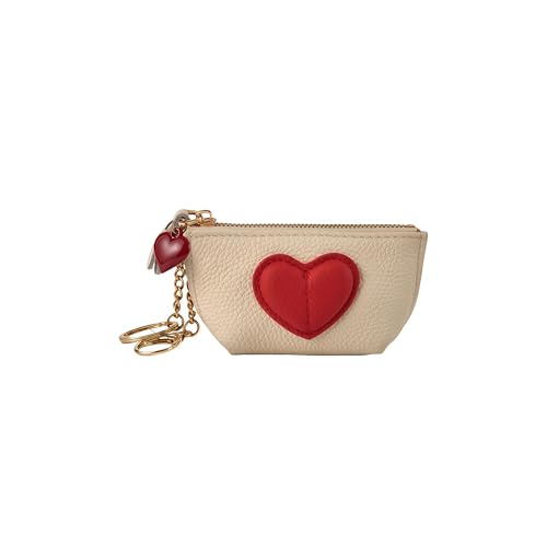 Red Heart Design Small Coin Purse - Cute Compact Keychain Change Purse Soft Leather Wallet with Zipper for Women (White) - color: White