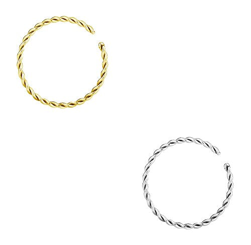 Forbidden Body Jewelry Nose Rings Set Surgical Steel Braided Hoops for Pierced and Fake Nose and Cartilage Piercings 14G-20G - style: 20g 8mm Silver/Gold Tone (2Pcs)