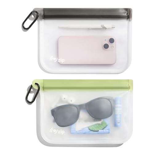 (re)zip Reusable On-the-Go Storage Bag with 2 Carabiner Clips for Travel, Outdoor - Leakproof, Water-Resistant, Dirt-Resistant, Eco Friendly, Lightweight for Snacks, Wallet, Keys, Phone & Essentials - color: Sage & Gray