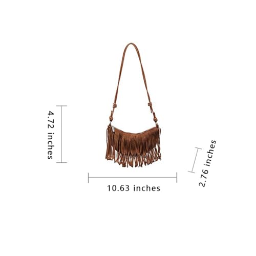 Women's Vegan Suede Fringe Crossbody Bag, Boho Crescent Shoulder Crossbody Purse, Retro Tassel Hippie Small Handbag Tote - color: Brown