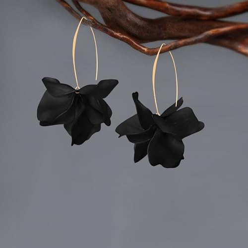 Exaggerated Bohemian Resin Rose Flower Petal Dangle Drop Earrings Long Acrylic Tiered Floral Tassel Earring for Women - color: Black