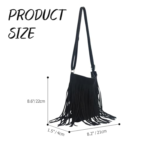 Western Fringe Crossbody Bag for Women Boho Adjustable Shoulder Purse, Vintage Suede Small Handbag for Music Festival & Party - color: Black