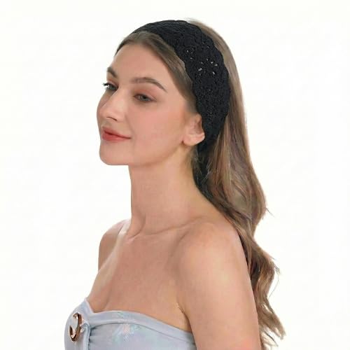 ZLYC Women Floral Headband Handmade Crochet Knit Vintage Hair Bands (Plain Black) - color: Plain Black